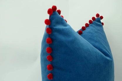 Blue pillow with red pom poms // velvet pom pom pillow //  blue and red pom cushion // blue pom poms pillow // red pom poms cushion