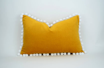 Mustard pillow with pom poms // pom pom cushion // pom pom pillow // mustard velvet pom pillow