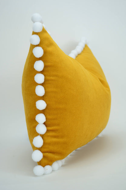 Mustard pillow with pom poms // yellow pom pom cushion // pom pom pillow // mustard velvet pom pillow