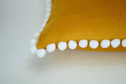 Mustard pillow with pom poms // yellow pom pom cushion // pom pom pillow // mustard velvet pom pillow