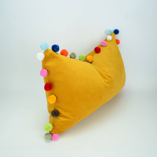 Mustard pom pom cushion // jumbo pom pom pillow // mustard velvet pom cushion // yellow pom pom pillow
