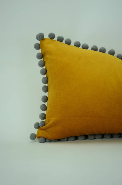 Pom pom pillow  // mustard yellow velvet cushion // grey and yellow  // yellow pom pom pillow