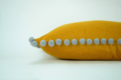 Pom pom pillow  // mustard yellow velvet cushion // grey and yellow  // yellow pom pom pillow
