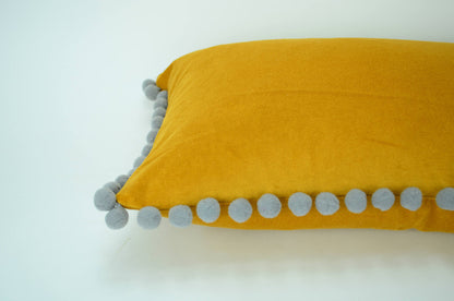 Pom pom pillow  // mustard yellow velvet cushion // grey and yellow  // yellow pom pom pillow