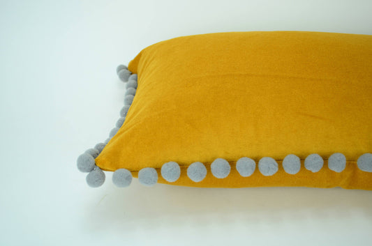 Pom pom pillow  // mustard yellow velvet cushion // grey and yellow  // yellow pom pom pillow