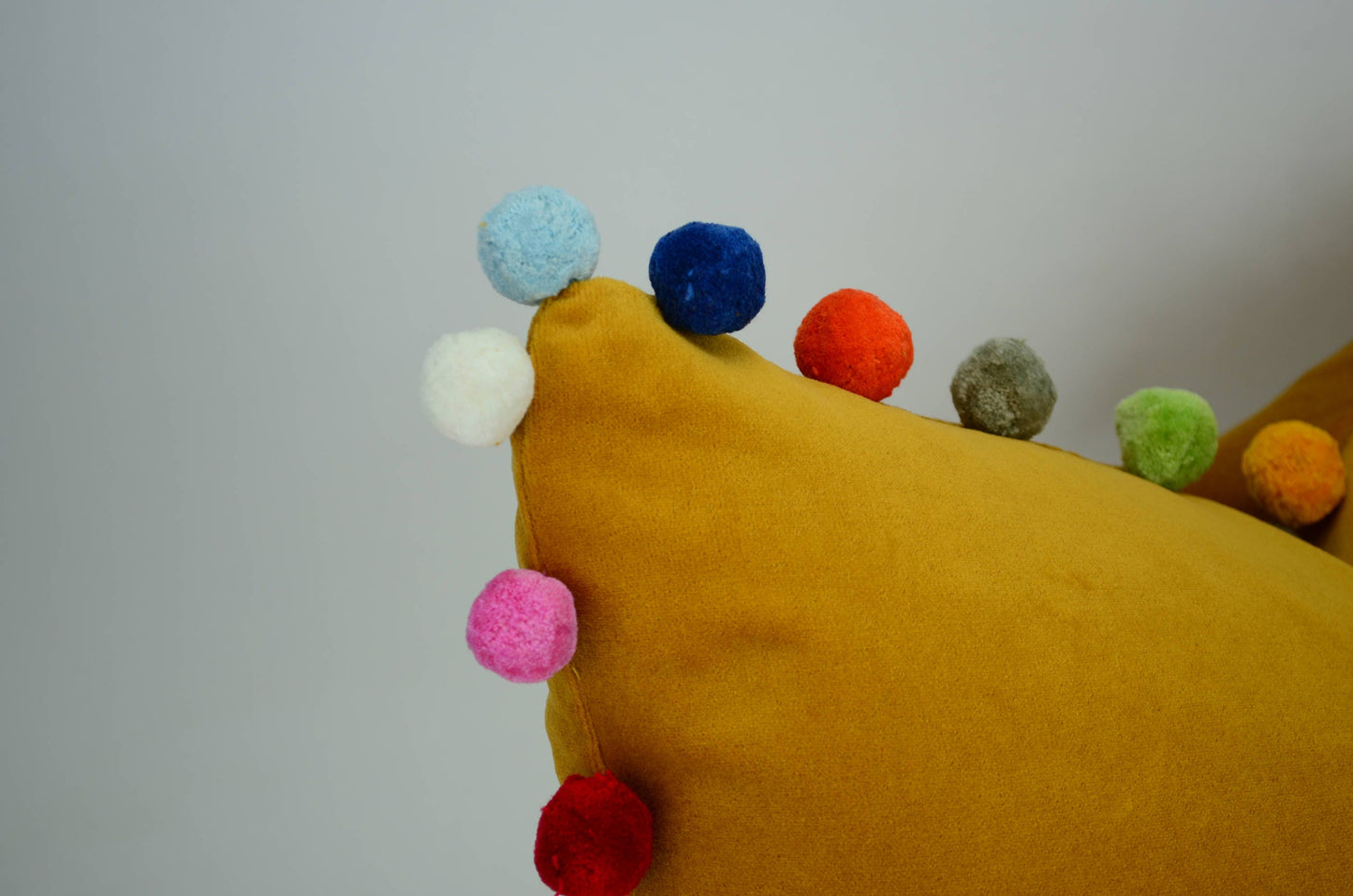 Mustard pom pom cushion // jumbo pom pom pillow // mustard velvet pom cushion // yellow pom pom pillow