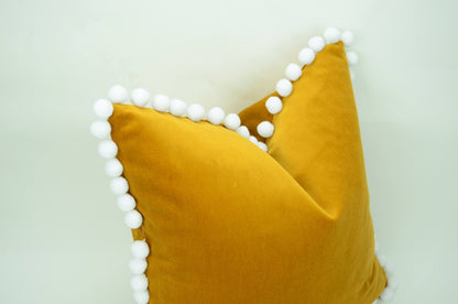Mustard pillow with pom poms // pom pom cushion // pom pom pillow // mustard velvet pom pillow