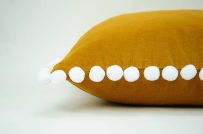 Mustard pillow with pom poms // pom pom cushion // pom pom pillow // mustard velvet pom pillow