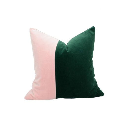 green and pink pillow // color block pillow // pink and green cushion // velvet pillow