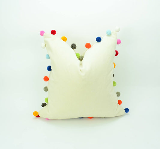 Pom pom pillow // rainbow pom poms // colourful pom pom cushion // jumbo pom pom cushion