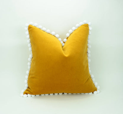 Mustard pillow with pom poms // pom pom cushion // pom pom pillow // mustard velvet pom pillow