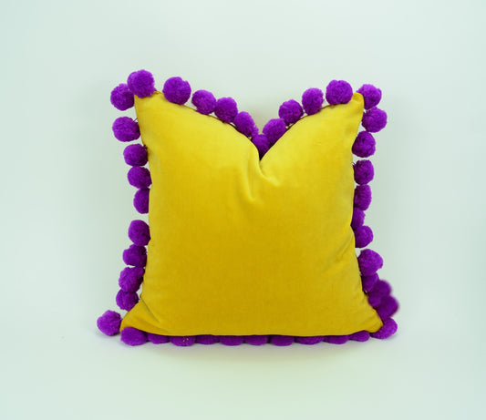 Yellow pom pom cushion cover  // jumbo pom pom pillow //  yellow and purple pillow cover