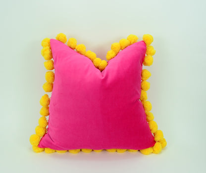 Hot pink pom pom cushion cover  // yellow jumbo pom pom pillow //  pink and yellow pillow cover