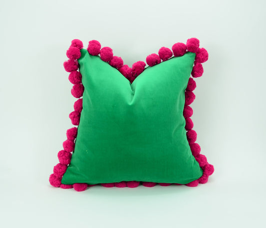 Green pom pom cushion cover  // jumbo pom pom pillow //  green and pink pillow cover // green velvet pillow cover