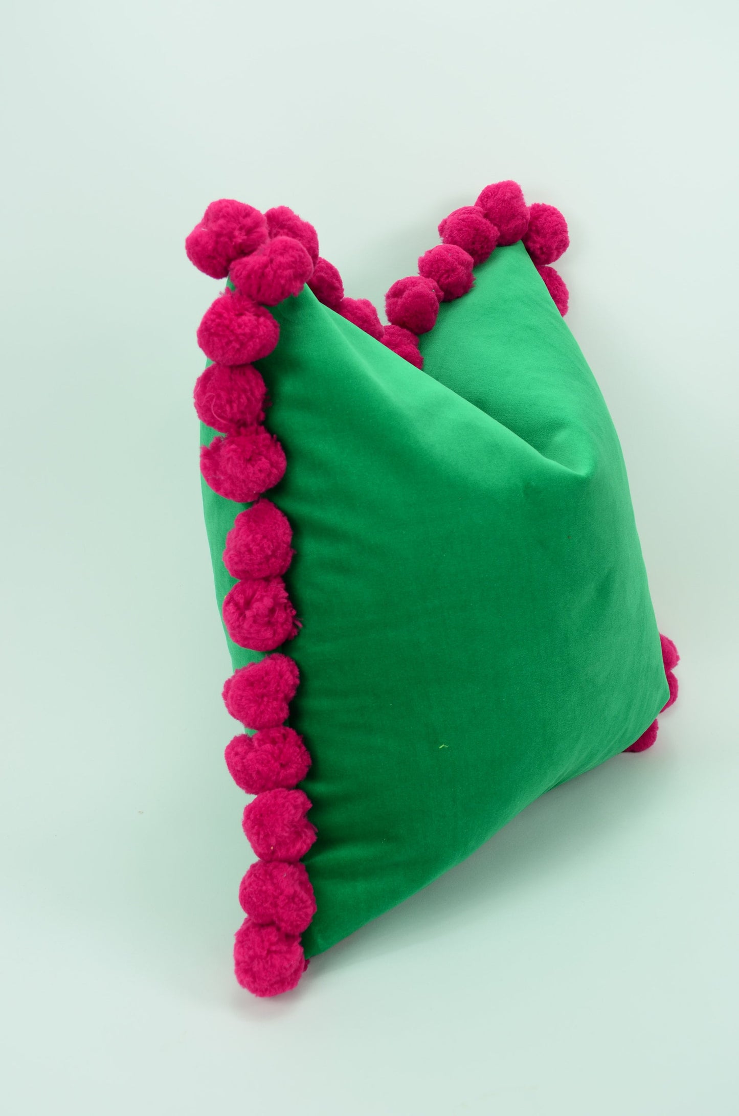 Green pom pom cushion cover  // jumbo pom pom pillow //  green and pink pillow cover // green velvet pillow cover