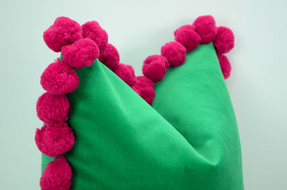 Green pom pom cushion cover  // jumbo pom pom pillow //  green and pink pillow cover // green velvet pillow cover