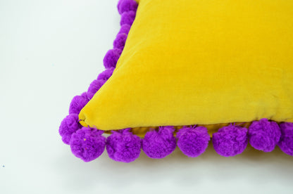 Yellow pom pom cushion cover  // jumbo pom pom pillow //  yellow and purple pillow cover