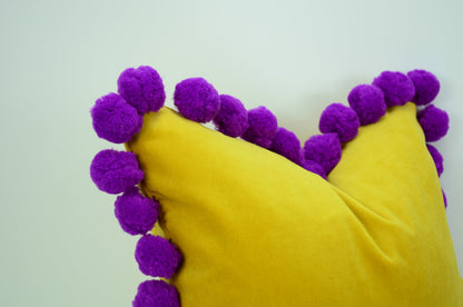 Yellow pom pom cushion cover  // jumbo pom pom pillow //  yellow and purple pillow cover