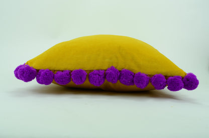 Yellow pom pom cushion cover  // jumbo pom pom pillow //  yellow and purple pillow cover