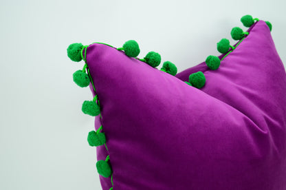 Purple pom pom cushion cover  // orchid pom pillow cover //  purple and green pillow cover