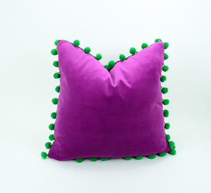Purple pom pom cushion cover  // orchid pom pillow cover //  purple and green pillow cover