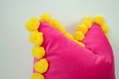 Hot pink pom pom cushion cover  // yellow jumbo pom pom pillow //  pink and yellow pillow cover