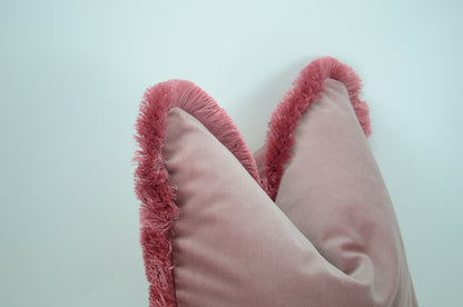 Pink brush fringe pillow, blush pink velvet pillow, pink velvet cushion