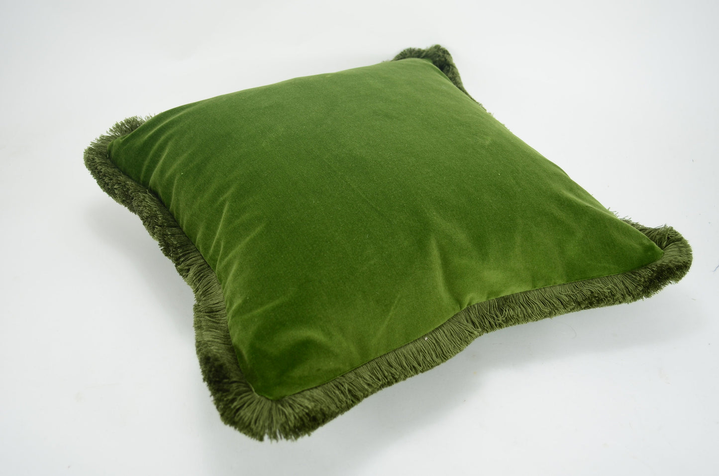 Green brush fringe pillow cover // moss green velvet cushion cover // green cushion with brush fringe trim