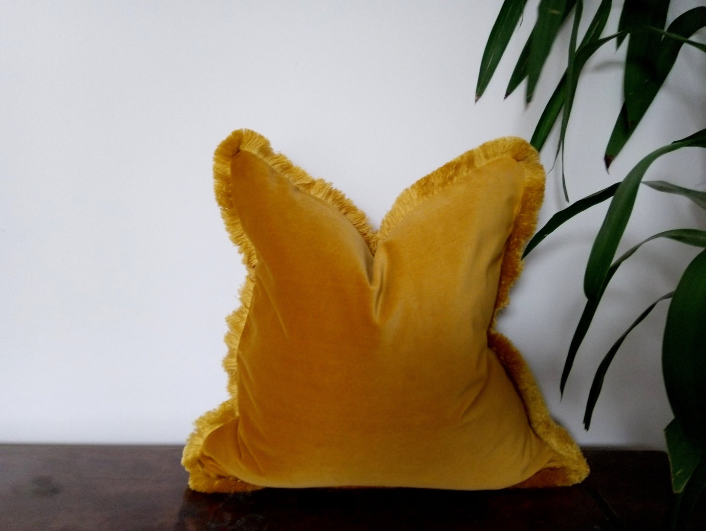Mustard brush fringe pillow cover // mustard velvet cushion cover // mustard cushion with brush fringe trim