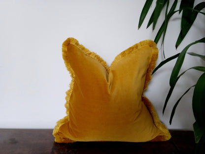 Mustard brush fringe pillow cover // mustard velvet cushion cover // mustard cushion with brush fringe trim