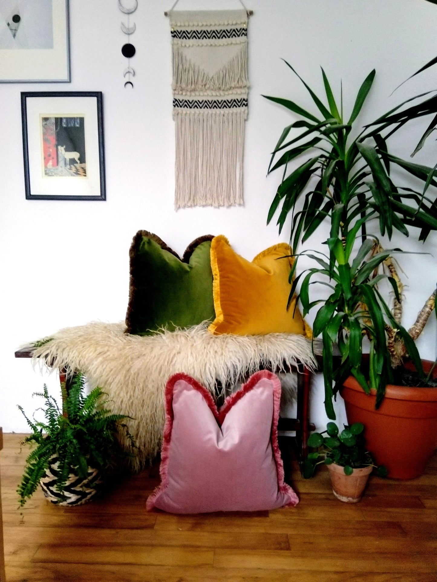 Pink brush fringed pillow cover // blush velvet cushion cover // pink cushion with brush fringe trim