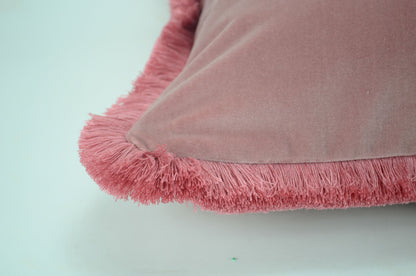 Pink brush fringed pillow cover // blush velvet cushion cover // pink cushion with brush fringe trim
