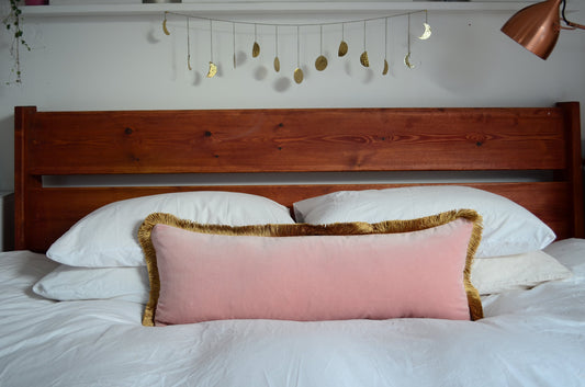 Long lumbar pillow // blush velvet long lumbar pillow // pink and gold pillow // gold fringe pillow