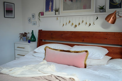 Long lumbar pillow // blush velvet long lumbar pillow // pink and gold pillow // gold fringe pillow