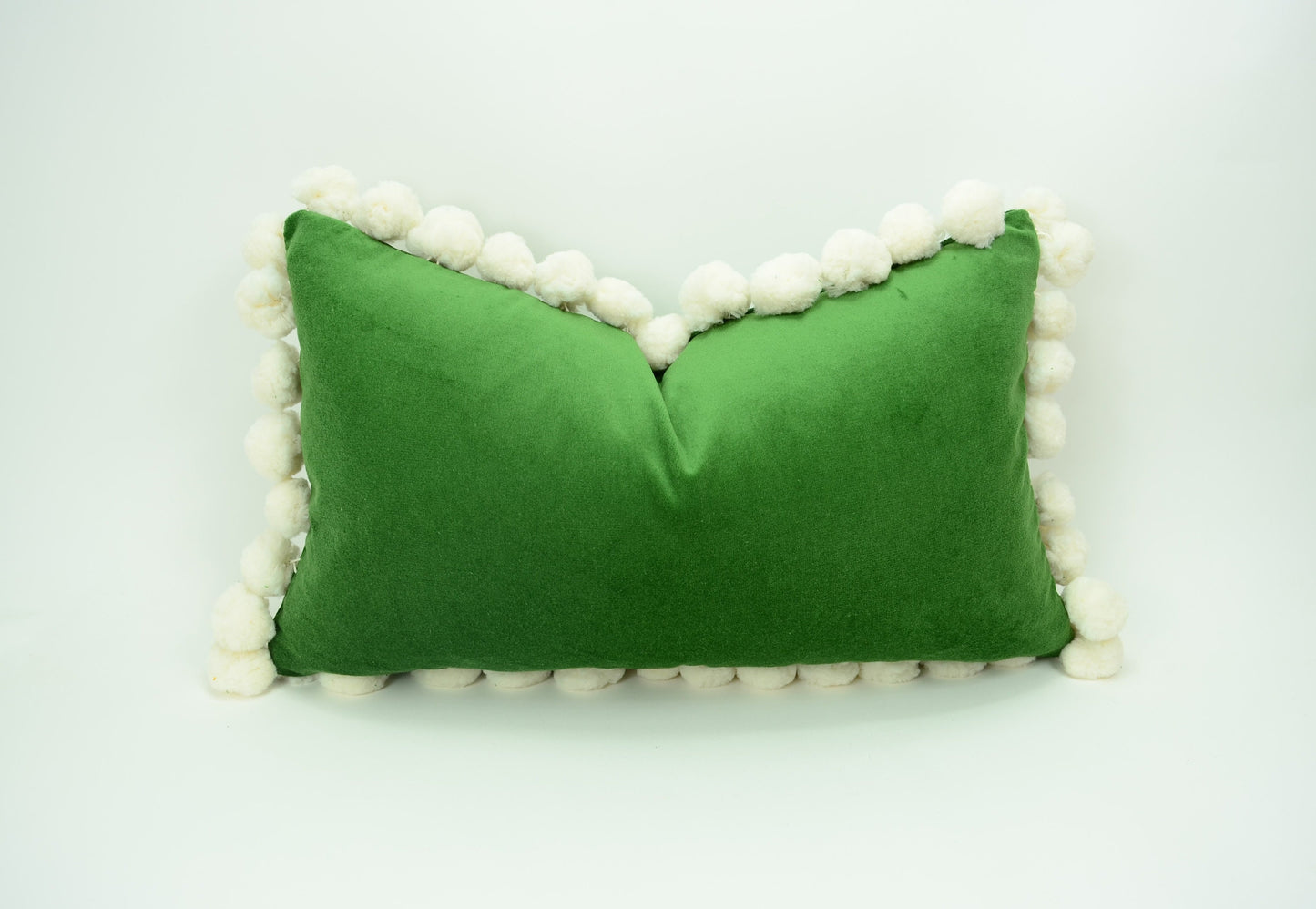 Green pom pom cushion // jumbo pom pom pillow // velvet pom cushion // green and white pom pom pillow