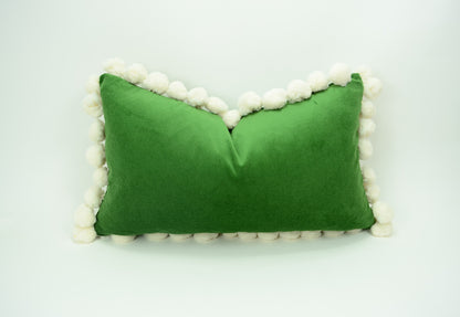 Green pom pom cushion // jumbo pom pom pillow // velvet pom cushion // green and white pom pom pillow