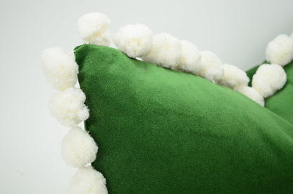 Green pom pom cushion // jumbo pom pom pillow // velvet pom cushion // green and white pom pom pillow