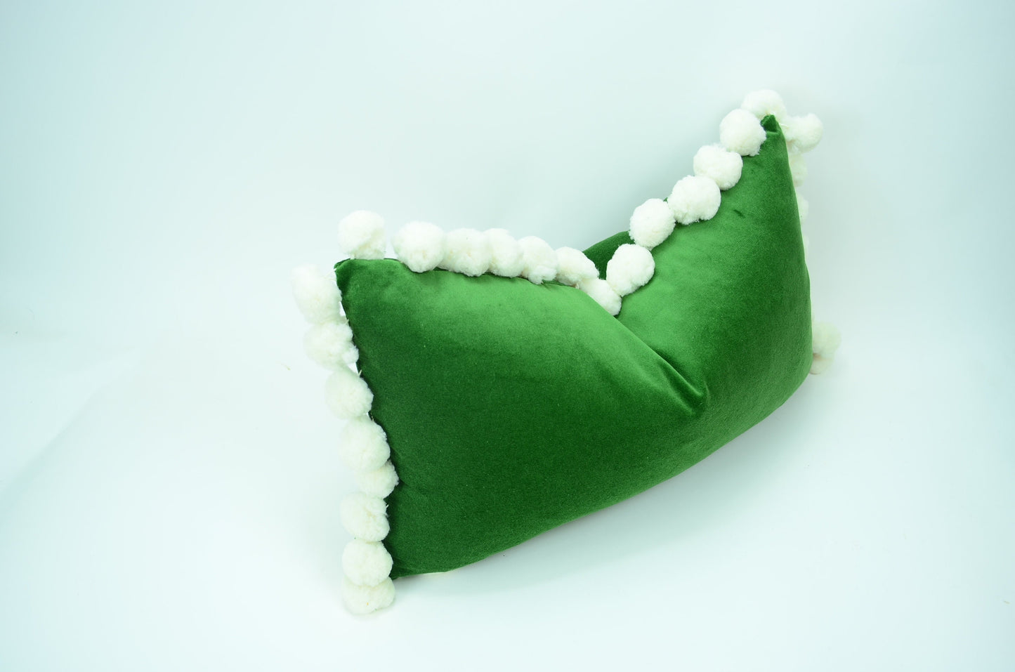 Green pom pom cushion // jumbo pom pom pillow // velvet pom cushion // green and white pom pom pillow