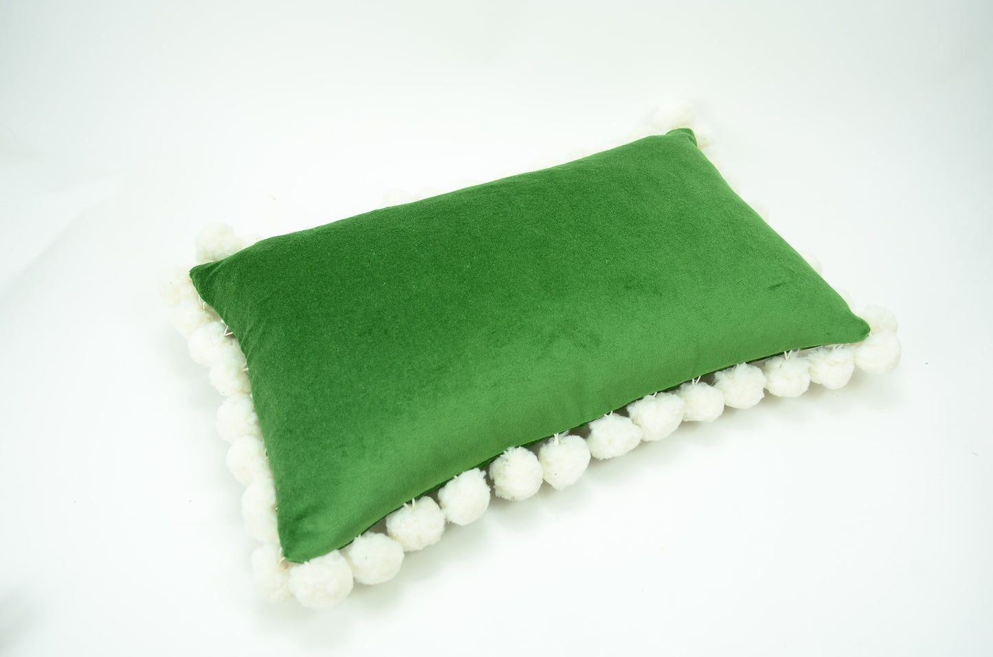 Green pom pom cushion // jumbo pom pom pillow // velvet pom cushion // green and white pom pom pillow