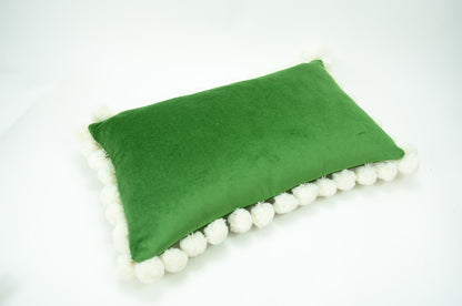 Green pom pom cushion // jumbo pom pom pillow // velvet pom cushion // green and white pom pom pillow