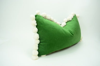 Green pom pom cushion // jumbo pom pom pillow // velvet pom cushion // green and white pom pom pillow