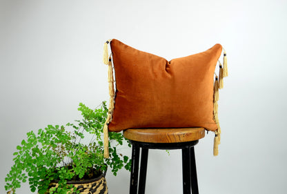 Velvet tassel pillow // beaded tassel pillow // copper velvet pillow // rust velvet pillow