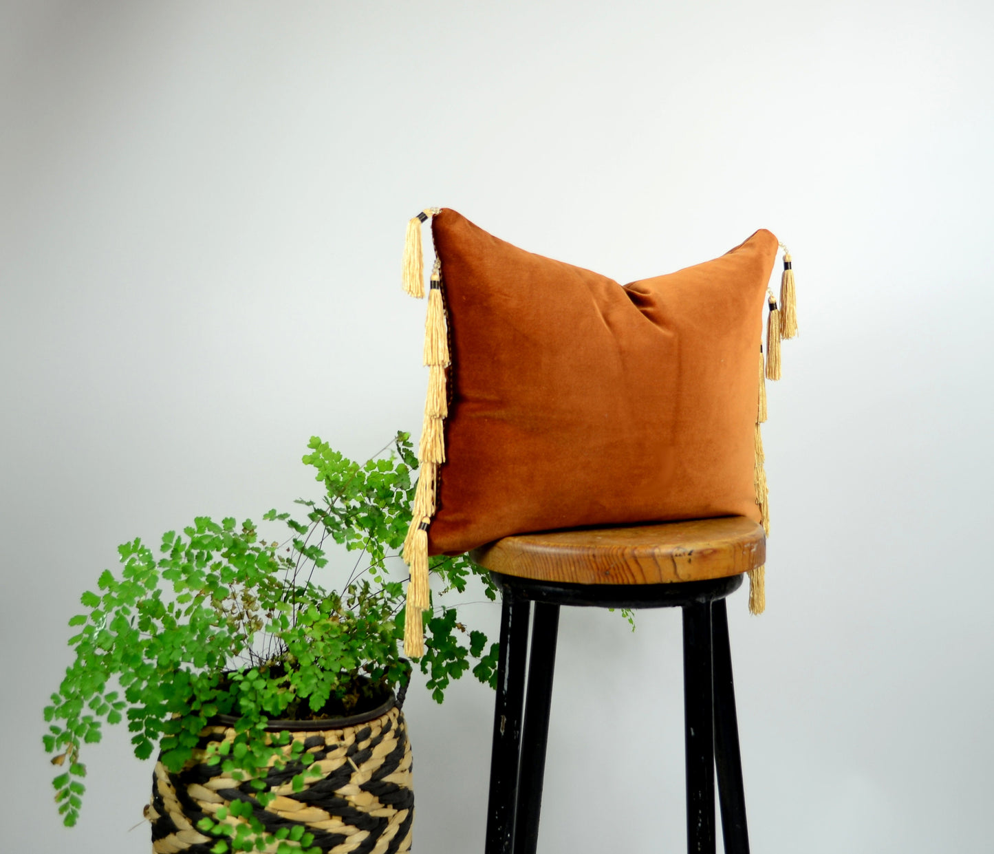 Velvet tassel pillow // beaded tassel pillow // copper velvet pillow // rust velvet pillow