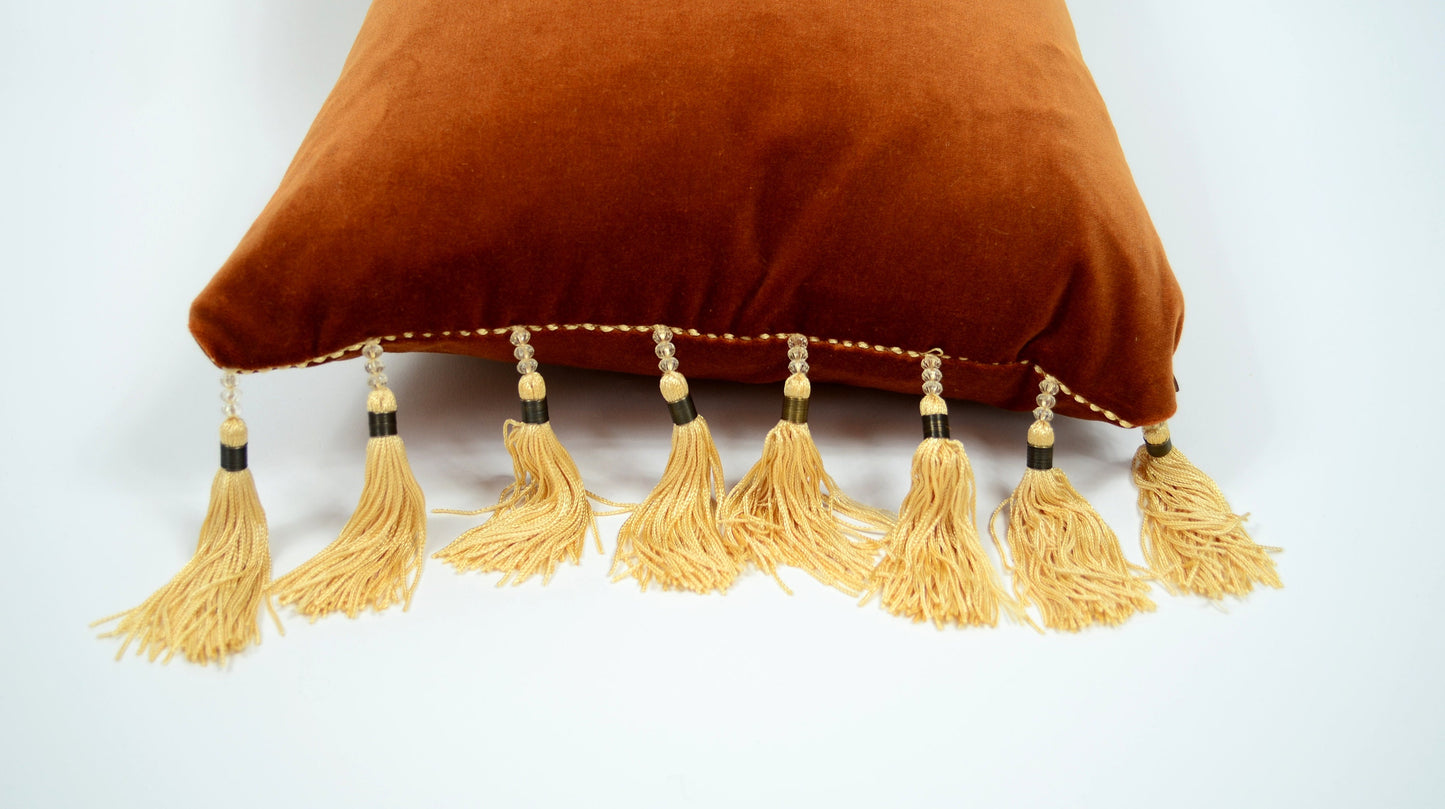Velvet tassel pillow // beaded tassel pillow // copper velvet pillow // rust velvet pillow