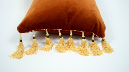 Velvet tassel pillow // beaded tassel pillow // copper velvet pillow // rust velvet pillow