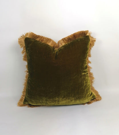 chartreuse silk velvet pillow, green silk velvet cushion, green and gold velvet pillow, olive green silk cushion