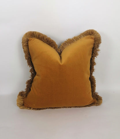 Mustard velvet with gold fringe pillow // mustard velvet cushion // mustard and gold // yellow and gold fringe pillow