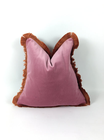 Pink and orange pillow,pink velvet pillow, pink with orange fringe pillow, pink and coral pillow