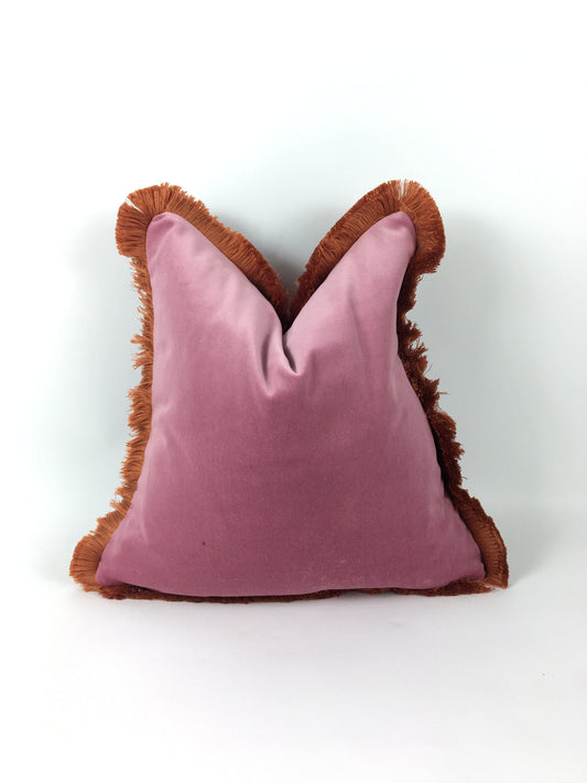 Pink and orange pillow,pink velvet pillow, pink with orange fringe pillow, pink and coral pillow