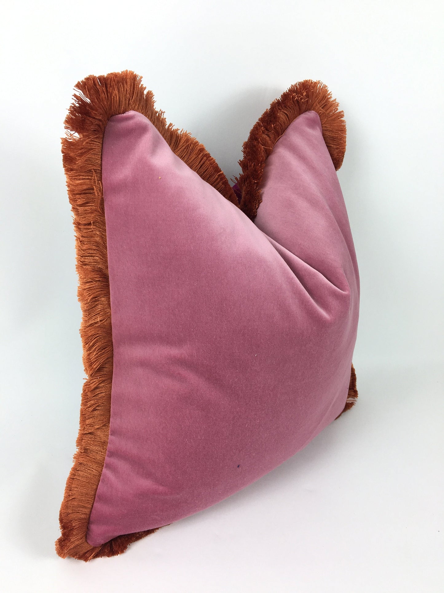 Pink and orange pillow,pink velvet pillow, pink with orange fringe pillow, pink and coral pillow